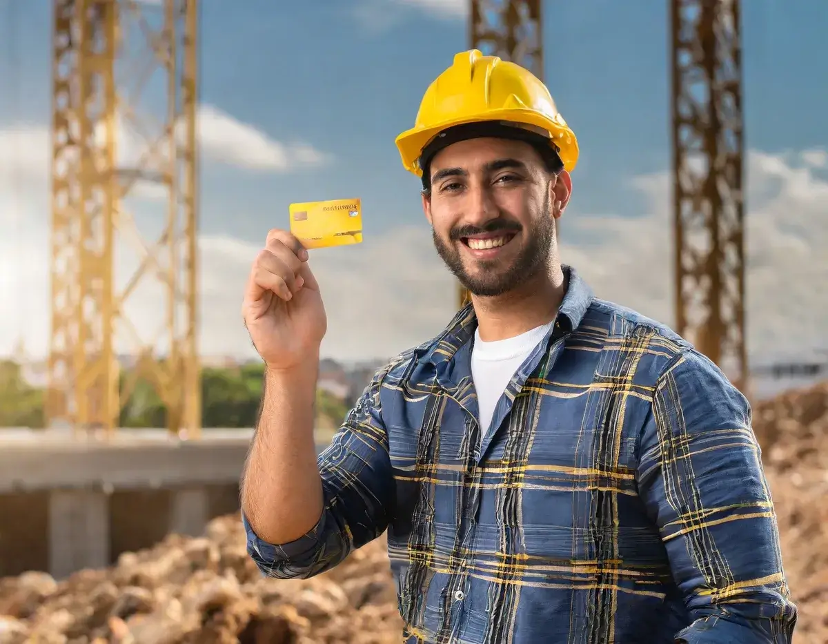 construction man holding a gold credit card with background on a construction site